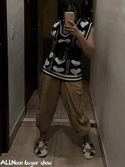 Hnewly Y2K Fashion Khaki Oversized Cargo Pants Hip Hop Style Loosed Adjustable Waist Drawstring Long Pant Streetwear 90s Autumn