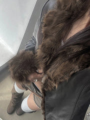 Hnewly winter club outfits Autumn New Clothes Women’s Leather Coat Long Sleeve Spliced Faux Trim Button Slim Fit Chic Coat