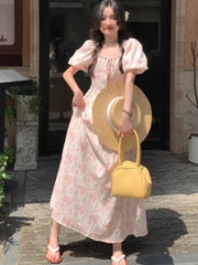Hnewly Summer Floral Printed Midi Dress Women Off Shoulder Puff Sleeve Fairy A-line Elegant Dresses Casual Korean Fahion Vestidos Mujer