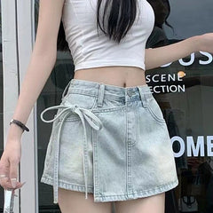 Hnewly Fashion Bow Knot A-Line Denim Skirts Women Korean Asymmetrical Split Blue Skirt Ladies Summer New Basic High Waist Skirts Mujer