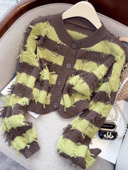 Hnewly Striped Fashion Tassel Sweater Women's Autumn Single Breasted O-Neck New Short Knitted Cardigan Long Sleeve Top
