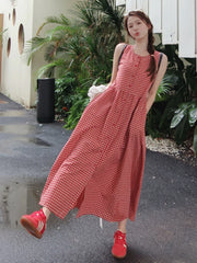 Hnewly Sweet Red Plaid Long Dress Women Elegant Casual Sleeveless Korean Dress Vintage Female Preppy Style Loose A Line Vestidos
