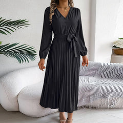 Hnewly Women's Fashion Retro Elegant Solid Color Elegant V-neck Button Tie Long Sleeve High Waist Pleated A-line Dress