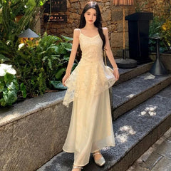 Hnewly French Elegant Camis Dress for Women Fashion Lace Patchwork Irregular Midi Dress Summer New Beach Vacation Embroidered Vestidos