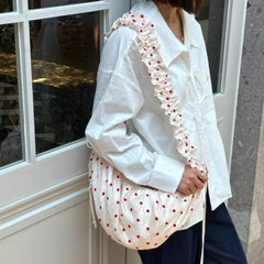 Hnewly Sweet Cute Polka Dot Tote Bag Women Crinkle Lace Large Capacity Canvas Shoulder Bag Ladies Casual Versatile Daily Crossbody Bags