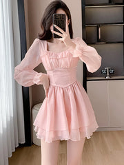 Hnewly Women Pink Patchwork Chiffon Chic Ruffled Short Dress Spring Elegant Diamonds Kawaii Dress 2024 Korean Fashion Bodycon Vestidos