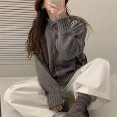 Hnewly Women's Knit Cardigan Sweater Button-up Stand Collare Soft Woolen Pointelle Sweater Jacket Coat Korean Autumn Winter Outfit
