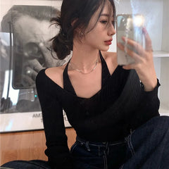 Hnewly Womens Korean version Long Sleeve Sweater Off Shoulder Sexy Knitted Pullover Jumper Sweaters Knit Sweater Casual Loose Blouse