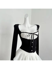 Hnewly Sweet Romantic 2000s Aesthetics Fashion Gyaru Outfits 2 Piece Set Plaid Square Collar Crop Tops Lace Up + White A-Line Skirts