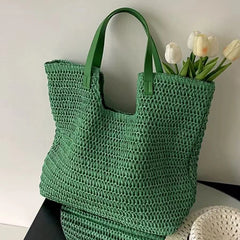Hnewly Large Capacity Woven Bag New Fashion Commuting Tote Handbag Female Niche Shoulder Knapsack Beach Grass Bags