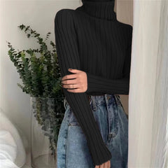 Hnewly Ribbed Sweater Women Clothes Solid Color Turtleneck Lettuce Trim Long Sleeve Pullover Winter Fall Clothing Streetwear