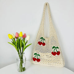 Hnewly Cute Strawberry Cherry Crochet Shoulder Bag for Women Large Shopper Bag Casual Tote Handbags Summer Beach 2024 New Women's Bag