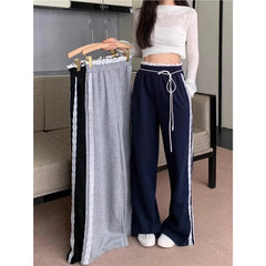 Hnewly Wide Leg Pants Ivory Womens Spring Bamboo-Cotton Sportwear Activewear Splicing Banded Adjustable Cozy Girls Elasticity Trousers