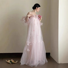 Hnewly Women Photography Props Pink Korean Off-shoulder Wedding Dresses Pregnancy Maternity Dress for Studio Photoshoot Accessories