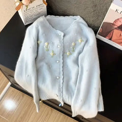 Hnewly Flower Appliques Lace Edge Knit Sweater Women's Sweet Long Sleeve O-neck 2025 Early Autumn Knitwear Loose Single Breasted Tops