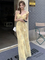 Hnewly French Women's Elegant Floral Printed Dress V-Neck Slim Fit Flying Sleeve Long Dresses Vacation Holiday Sexy Travel New Vestidos