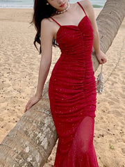 Hnewly NEW YEAR DRESS TO IMPRESS Women Sexy Spaghetti Strap Sleeveless Red Dress Female Backless Mermaid Midi Dresses Vestidos