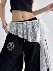 Hnewly Korean Irregular Lace Women Mini Skirts Y2K High Waist Lace Up Embroidered Flower Split Skirts Fashion Streetwear Ruffles Skirts