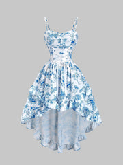 Lunivop Blue and white floral printed spaghetti strap sweetheart neck high waisted puffy dress