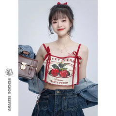 Hnewly Cherry Print Camisole Vest for Women Y2k Fashion Sexy Slim Fit Crop Top T-shirts 2025 Summer New Strapless Tops Mujer