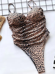 Hnewly Push Up Bra Cup Leopard Scrunched Women Bandeau Swimwear One Piece Swimsuit Female Monokini High Cut Bathing Suit Swim Bodysuit