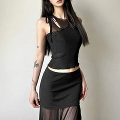 Hnewly Summer Tanks Tops Women O-neck Slim New Stylish Sexy Sleeveless Solid Color Spliced Navel-Exposed Tee Woman Clothing