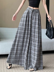 Hnewly Chic Plaid Wide Leg Pants Women Fashion Oversize Loose High Waist Straight Trousers Summer Korean Lady Elegant Korean Pant