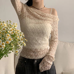 Hnewly Transparent Lace Crop Top Asymmetrical Off-shoulder Long Sleeve Smock T-shirts Women Summer Casual Tees y2k Vintage Tees