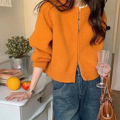 Hnewly Sweater y2k Clothes Women Soft Warm Solid Color Round Neck Zip Up Long Sleeve Knitted Tops 2000s Clothing Streetwear