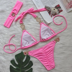 Hnewly Halter Rhinestones Diamond Bikini Women Swimsuit Female Swimwear Three pieces Bikini Set Brazilian Hairband Bathing Suit Swim
