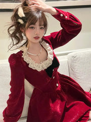 Hnewly DRESS TO IMPRESS Autumn Red Lace Elegant Dress Women Patchwork Party Mini Dress Female Casual Korean Fashion One Piece Designer Dress New