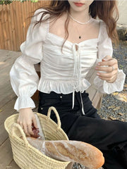 Hnewly Blouses Women French Style Vintage Spring Flare Sleeve Design Aesthetic Clothing Bandage Navel Crop Top Camisa De Gasa Fashion