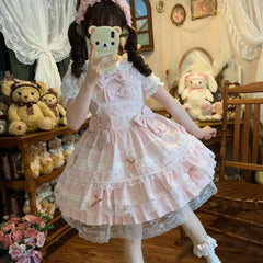 Hnewly Cosplay Japanese Style Kawaii Lolita Skirts Women Party Vintage Sweet Lace Bow Birthdays Cake Skirt Harajuku Y2k Bandage Dress
