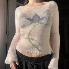 Hnewly Flower Long Sleeve Knitted Crop Tops Aesthetic See Through Sweater Tees 90s Vintage Y2k Gyaru Crop Tops Jumpers Cottage Clothes