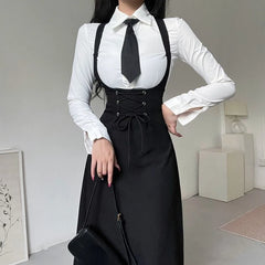 Hnewly cute professional outfits Simple Lapel Neck Long Sleeve White Shirts Women+ Sexy Slim Waist Lace Up Strap Dress Early Autum New Two Piece Sets