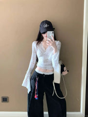 Hnewly Women Y2K Fashion Casual Sexy V-Neck Flare Long Sleeve Sheer T-Shirts Lace Slim Tshirt Pullovers Acubi Tops Tees 2000s Clothes