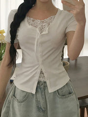 Hnewly Sweet Slim Fit Chic Fashion Simple Women T-Shirts Summer Patchwork Lace Spliced Fake 2 Piece Shirts