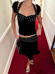 Hnewly Women's Skirt Two Pieces Set Fashion Halter Neck Short Sleeve Top Polka Dot Print Patchwork Skirt Suit Casual Lady Outfit