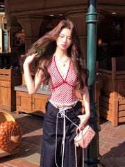 Hnewly Harajuku Red Plaid Tank Top Vest Women Summer Sleeveless V-Neck Sexy Bodycon Tshirts Female Outwear Bodycon T-shirts Chic Korean