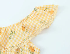Lunivop Vintage Yellow Plaid Floral Print Ruffles Strap Sleeveless Dress Women Slim Waist Wood ears Hem A-lined Short Tank Vestidos Robe