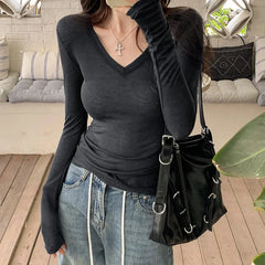Hnewly V-neck Thin Style 2024 Women's Long Sleeved T-shirt Tops Bottoming Autumn Casual Shirts Self Cultivation New Korean