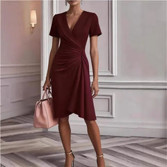 Lunivop Women's Chic Ruched Wrap V Neck Midi Dress Long Sleeve Asymmetric Hem Formal Gown for Elegant Office Work Commute