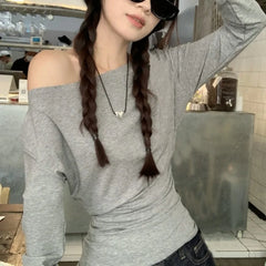 Hnewly y2k Aesthetic Tops Women Punk Gothic Clothing Slant Neck Off Shoulder Long Sleeve T Shirts 2000s Clothes Streetwear
