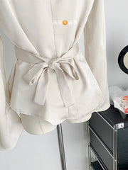 Hnewly French Style Retro Solid Color Women Satins Shirt Fashion New Pleated Long Sleeve Blouses Female Slim Tie Up Clothes Chic