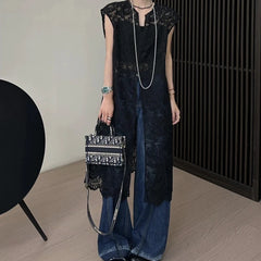 Hnewly Spring Summer Casual Loose Medium to Long Jacket Dress Jacquard Lace Hollow Hoodie Tank Top Skirt