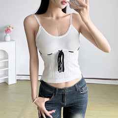 Hnewly Summer Holiday Knitwear Crop Top Contrast Lace-up Bow Patchwork Tees Women Sexy Hollow Out Sleeveless Skinny Camis Casual