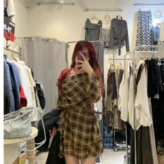 Hnewly Retro Floral Lace Long Sleeve Asymmetrical Shoulder Dress Elegant Beautiful Dress Korean Style High Waist A-Line Skirt