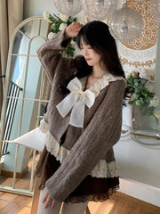 Hnewly BACK TO SCHOOL OUTFIT Kawaii Ruffles Knitted Cardigan Women Winter Bow Japanese Lace Warm Sweet Sweater Female Single-breasted Korean Casual Tops
