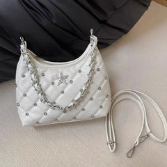 Hnewly Vintage White Y2k Underarm Bagwomen New Trendy Beading Chain Leather Shoulder Bags Female Retro Casual Crossbody Bags New