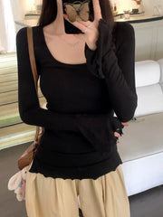 Hnewly Skinny T-shirts Women Autumn Basic Solid Cleanfit O-neck Flare Sleeve Sexy Girl Korean Fashion Y2k Tops Aesthetic Streetwear Ins